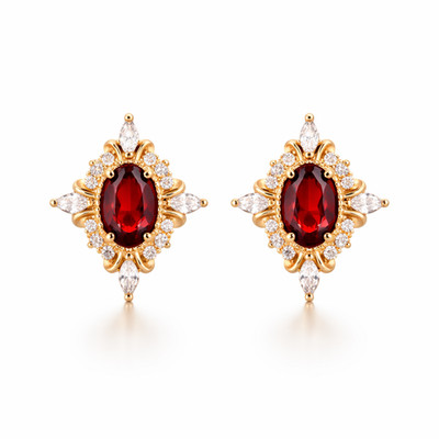 CHINIVERSE Garnet Stud Earrings   925 Silver Gold Plated Oval Red