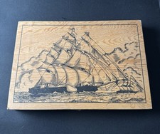 Vintage Wooden Box with Schooner Sailing Ship Printed On Lid