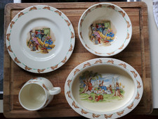 Royal Doulton Bunnykins 4 pcs. Oval  Cereal Bowl, Plate, Cup. Details in Desc.