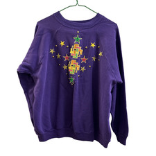 Vintage Grandma Sweatshirt XL Beaded Embroidered Stars Purple Crew Neck PGB