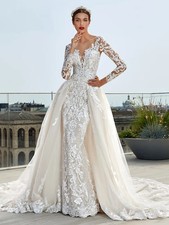 Luxury Mermaid Wedding Dresses Sheer O-neck Detachable Lace Applique Bridal Gown