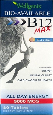 Wellgenix Bio-Available B12 MAX, with B6 & Folic Acid - 5000mg, 60 tablets
