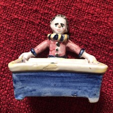 4”x5” Italian Ceramic Figurine Souvenir - Young Boy w Wide Legs Holding A Box