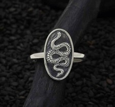 Sterling Silver Oval Snake Ring, Oval Disk Serpent Reptile Ring -Goth Style