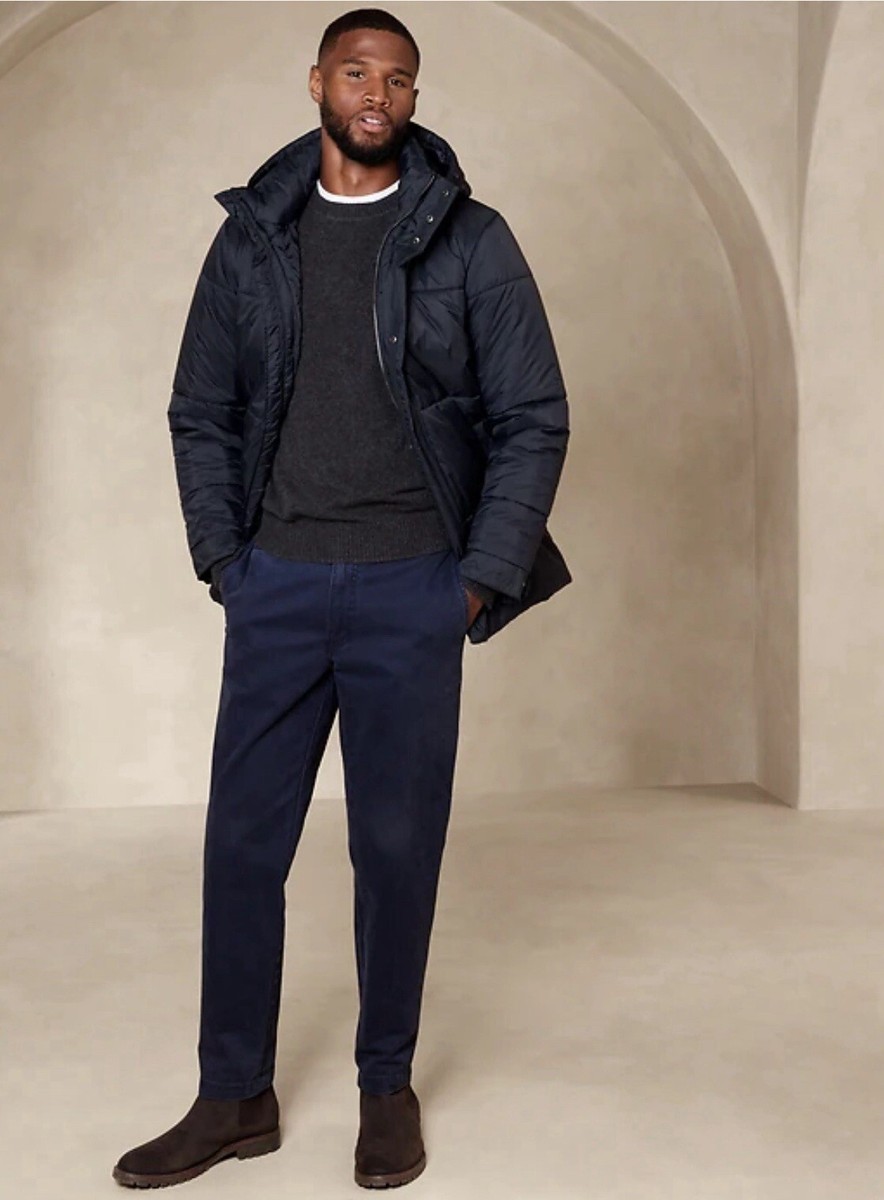 Banana Republic Factory Men's Hooded Puffer Jacket, Black, XL