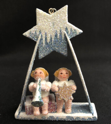 KATHE WOHLFAHRT FROSTY BLUE WOOD CHRISTMAS ORNAMENT ANGELS IN STAR CRECHE