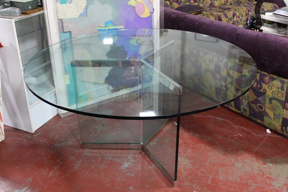 Mesa de comedor Leon Rosen for Pace vidrio y cromo años 70 mediados de siglo moderna Foto 4 de 4