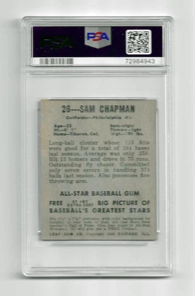1948 LEAF BASEBALL CARD #26 SAM CHAPMAN PSA 6 NQ MLB PHILADELPHIA ATHLETICS - Image 4 of 4