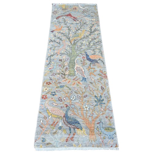 2'x6'2" Gray Afghan Peshawar Birds Design Hand Knotted Wool Runner Rug R20049 - 第 1/6 張圖片