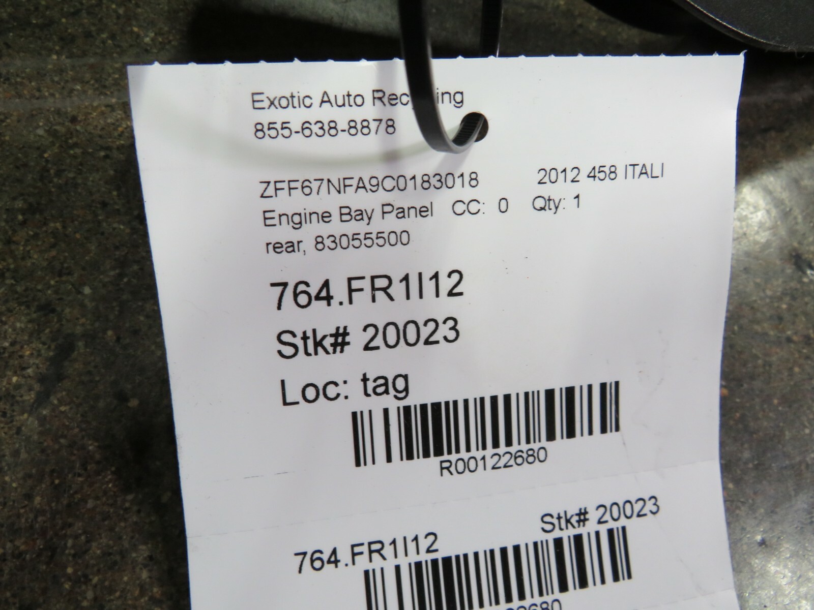 Ferrari 458 Italia Coupe, Rear Engine Bay Panel, Used, P/N 83055500