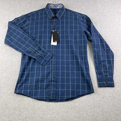 Langbeeyar Button Shirt Flip Cuff Mens XXL Window Pane Plaid Long Sleeve Blue