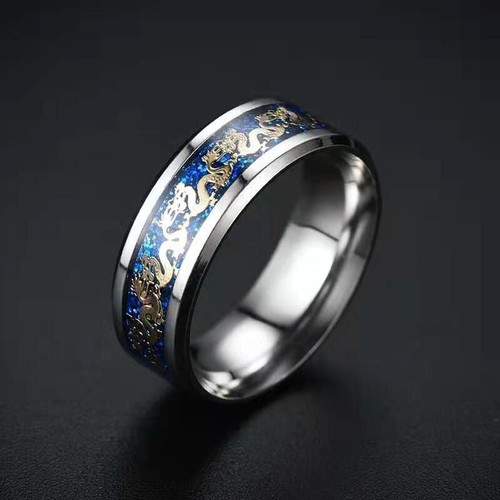 5 Colors 8MM Men Women Black Blue Red Silver Stainless Steel Dragon Band Ring - Picture 9 of 11