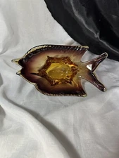 VTG Hand Blown Colored Art Glass Fish Shaped Bowl Amber Purple Cased in Clear