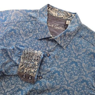 Robert Graham Button Up Shirt L Blue Damask Paisley Classic Fit Flip Cuff Cotton