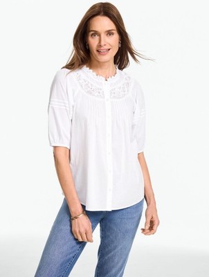 Lace Trim Button Front Voile Top at Talbots, NWT $109, All size, color WHITE