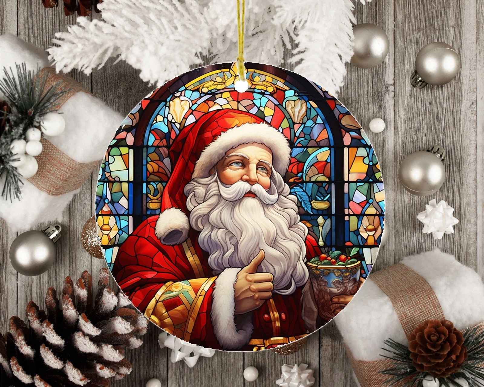 Faux Stain Glass Santa Ceramic Ornament Christmas Decor