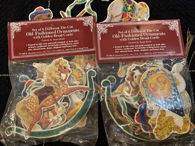ONE VINTAGE SEALED OLD FASHIONED DIECUT ORNAMENTS(SET OF SIX )GOLD BRAID CORDS
