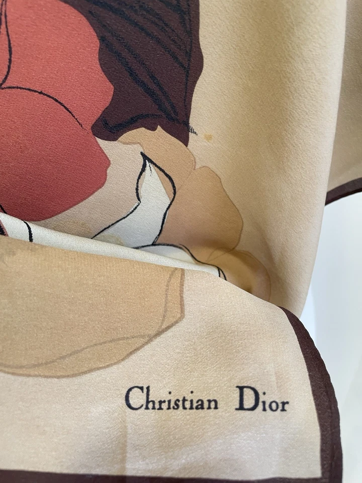 H74# Christian Dior Bufanda de Seda Beige Estampado Floral Diseñador Vintage Foto 3 de 4