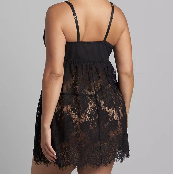 Cacique 2 Piece Lined Black Lace Babydoll Sexy Gown with Matching Thong 22/24 - Image 2 of 4