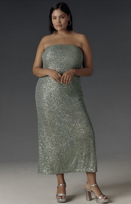 Anthropologie Maxi Slip Dress Moss Strapless Satin Sequin Preppy Medium NWT