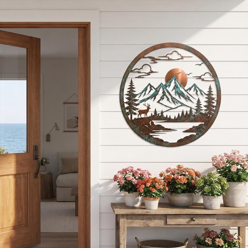 Mountain Sun Metal Wall Art, Rustic Patina Copper Landscape Decor | eBay