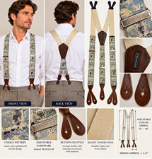 Trafalgar Men  s Button Suspenders Braces Cream Blue Gray Novelty Pattern Leather