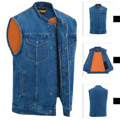 Classic Jean Vest Blue Denim Sleeveless Jacket Heavy Duty Biker Trucker Top