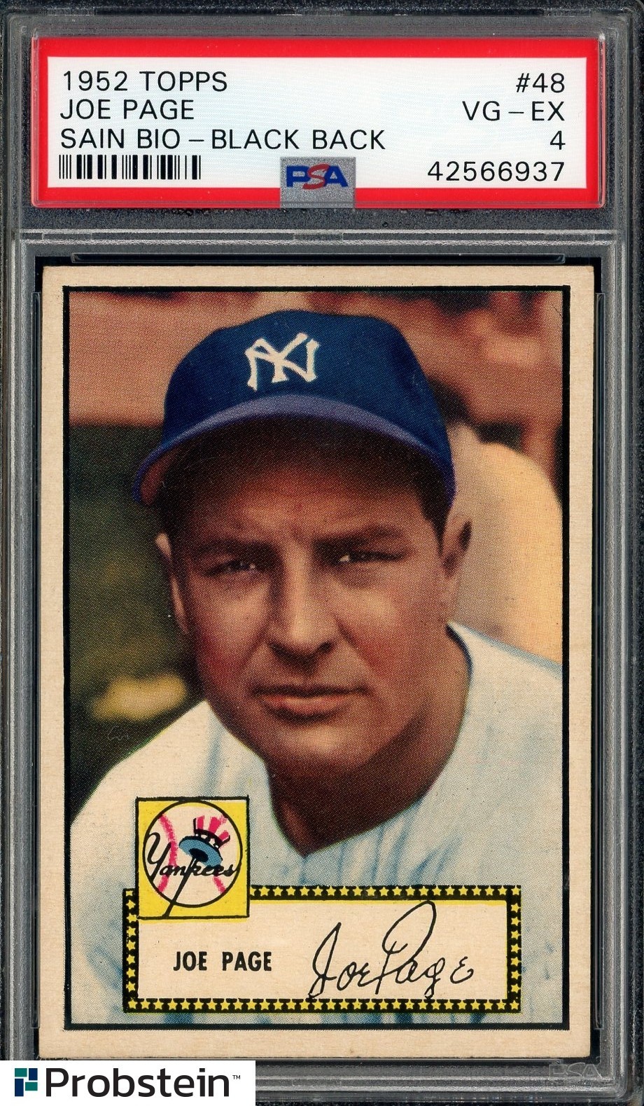 1952 Topps #48 Joe Page Yankees Sain Bio Black Back PSA 4 VG-EX