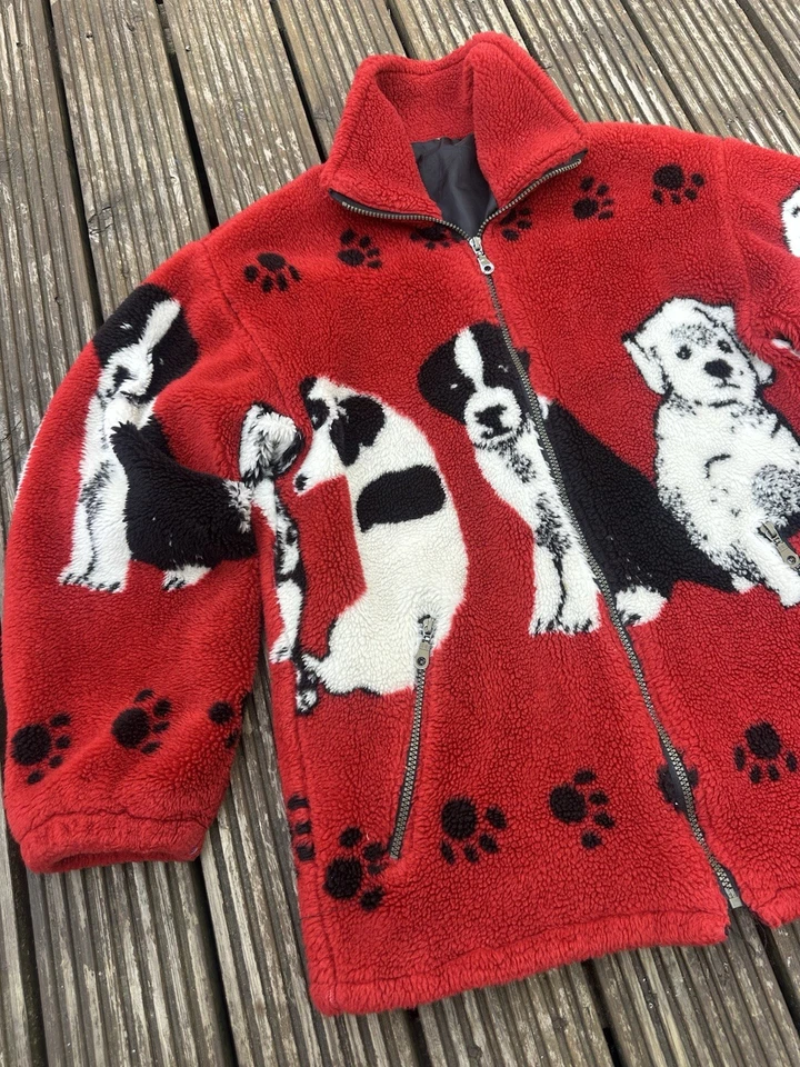 Vintage 90er Hunde Muster Fleece Jacke rot All Over Print Welpen Retro S/M 21" - Bild 2 von 4