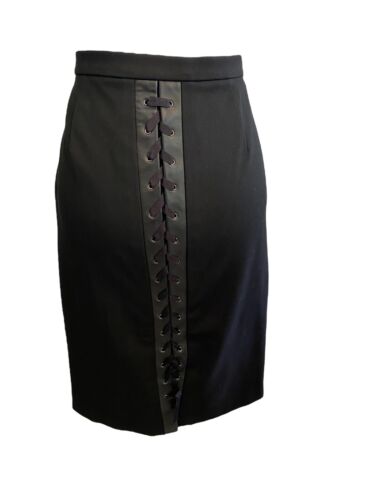 BCBG Maxaziria Black Pencil Skirt Leather Lace Tie Closure M - Foto 1 di 6