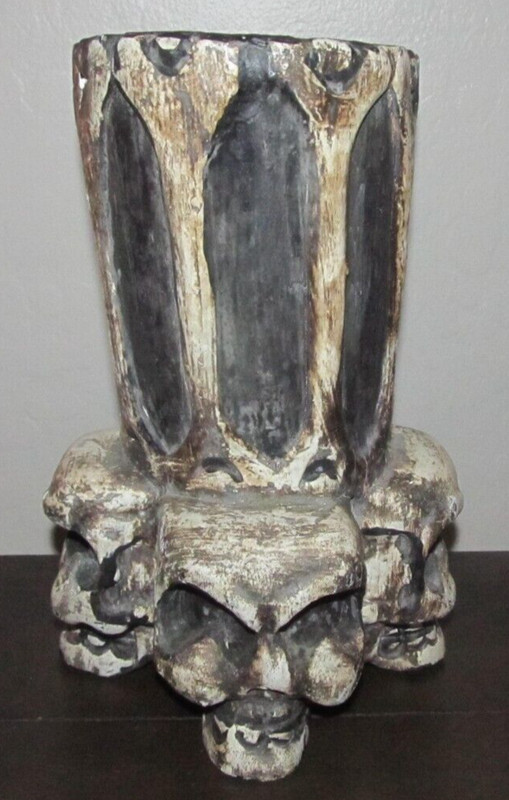 Carved Wooden 4 Skull Jaws Totem 9.5" Tall Ashtray or Small Planter 3.75" Dia.