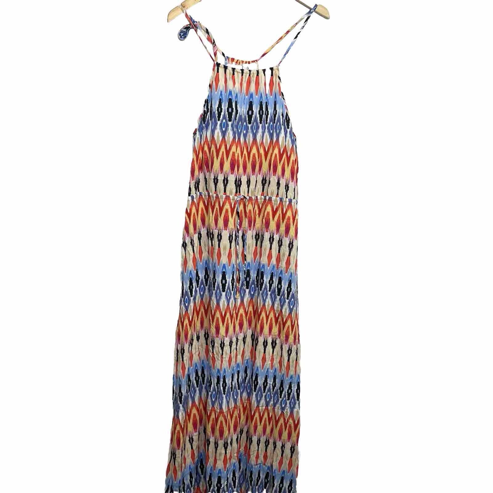 Athleta Sunset Maxi Dress Womens Size S Halter Blue Orange Ikat Drawstring Waist