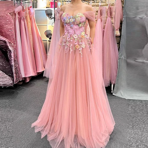 Flower Prom Dress Off Shoulder Evening Gown Tulle Party Occasion Dress - Picture 3 of 15