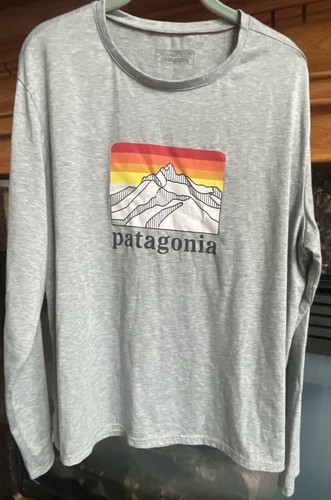 Patagonia Shirt Mens Large Gray Long Sleeve Tee Graphic Print Mountain Outdoors