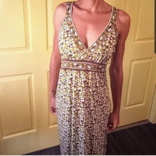 Max Studio MAXI Dress Sleeveless Sexy Green brown beige LONG geomentric Boho MED