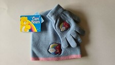 Carebear Hat Glove Set 2pc Girls Cold Weather Blue Rainbow Cheer Bear 4-14 New