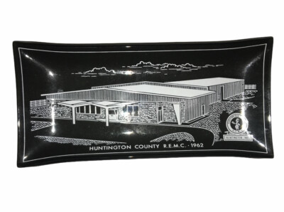 Vintage Huntington County R.E.M.C 1962 Clear Black Glass Ashtray - Indiana