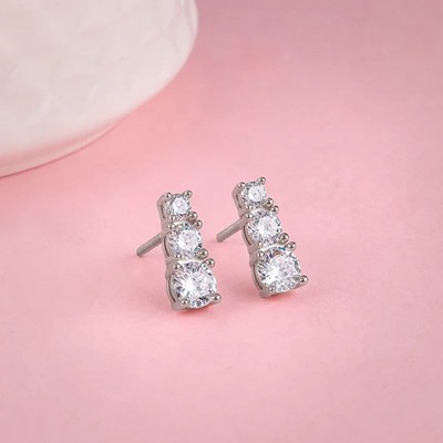 3 Stone Stunning Round Cut Moissanite 925 Sterling Silver Stud Earring for Women