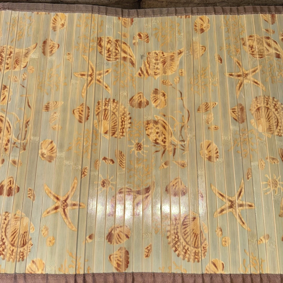 Vintage Bamboo Roll-Up Mat with Nautical Seashell Pattern 34”x21” Bathroom May - Image 3 of 4