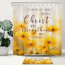 Summer Plant Yellow Floral Bible Verse Shower Curtain Set for Bathroom Decor