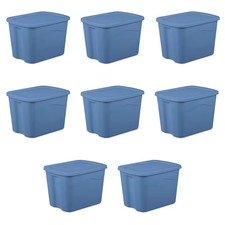 18 Gallon Plastic Storage Bin with Snap-on Lid, Light Blue, 8 Pack