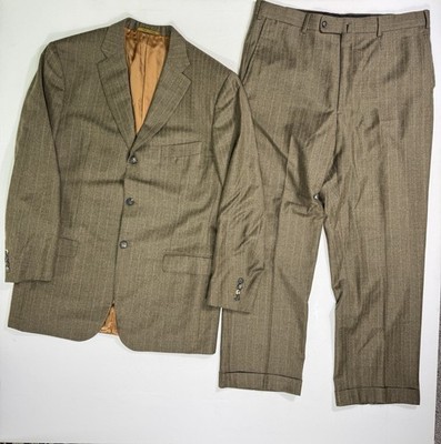 Isaia Napoli Wool Suit 40L 36x29 Brown Orange Striped Professional Cuffed