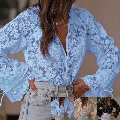 Women's Solid Color Lace Blouse Long Sleeve V Neck Hollow Out Fashion Top