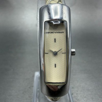 Emporio Armani ladies silver tone square white leather watch NEW BATTERY Emporio Armani Quartz Watch Women Silver Steel Square  main image 4