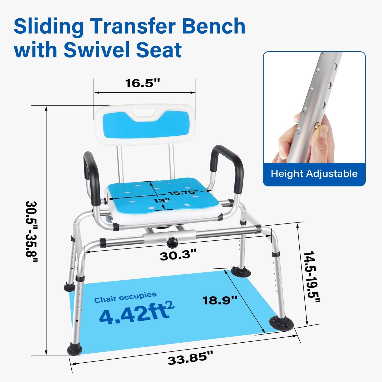 Sliding Shower Chair,Height Adjustable Tub Transfer Bench,360° Shower Swive