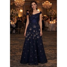 Rickie Freeman Teri Jon Off The Shoulder Gown 6 Navy/Metallic Formal/Wedding MOB