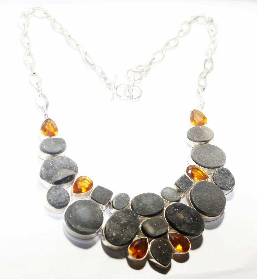 Collar de piedras preciosas de citrino druzy de titanio hecho a mano collar de joyería tamaño 18 pulgadas Foto 3 de 4