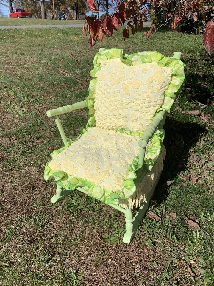 Редкое винтажное детское кресло-качалка лимонный лайм дамасский чехол бахрома 26/16 ❤️sj5m1s - Изображение 3 из 4