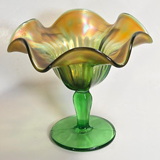 Antique/VTG Northwood Green "Alaskan" w/ Rays Carnival Glass Footed Compote 5"