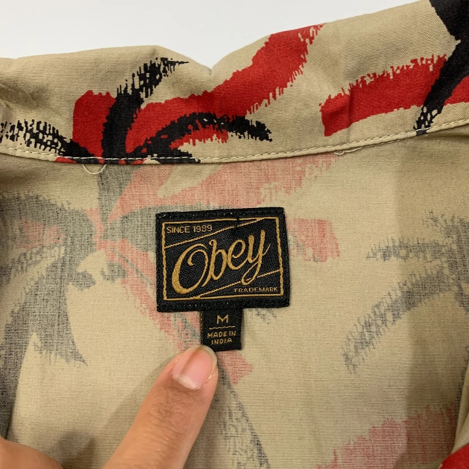 Obey Shirt Mens Medium Parchment Hawaiian Palm Coconut Tree Woven Short Sleeve - Image 4 of 4
